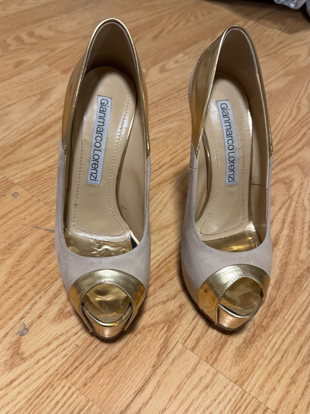 Gianmarco Lorenzi Beige and Gold Peep-Toe Pumps EU 38.5 / US 8 - Picture 4 of 16